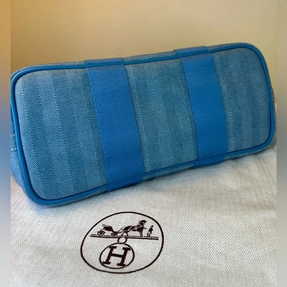 Hermes Valparaiso PM Bag Blue Chevron Canvas Blue Leather, Pouch, Dustbag COA - Picture 10 of 17
